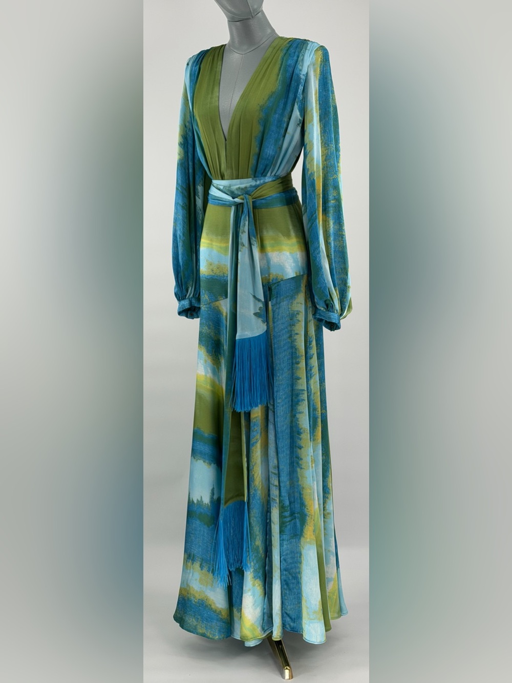 🆕 BRONX & BANCO 🧿 NWOT Coastal Carmen Belted Fringe Gown, Blue - Sz S US 4 - Picture 4 of 16
